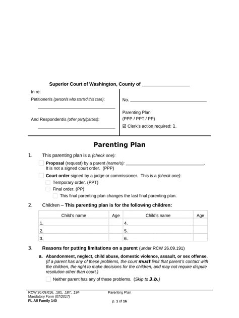 Parenting Plan Form Washington Free Download