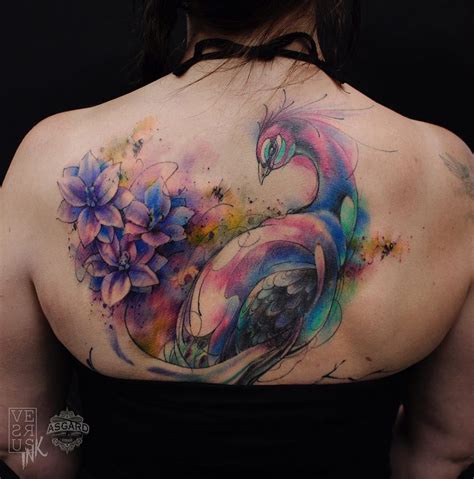 Watercolor tattoo Splendid peony peacock watercolor