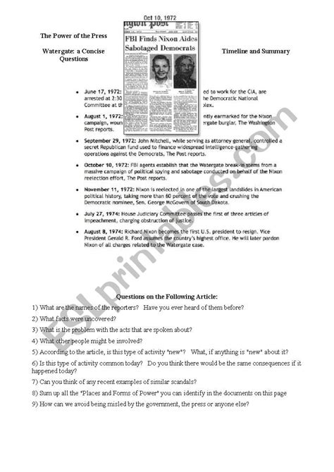 Watergate Reading Comprehension Worksheet