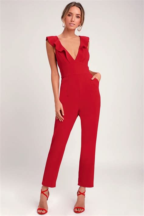 wayf ruffled jumpsuit red