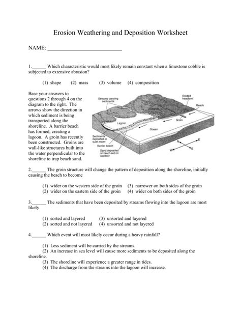 weathering erosion and deposition worksheet quizlet