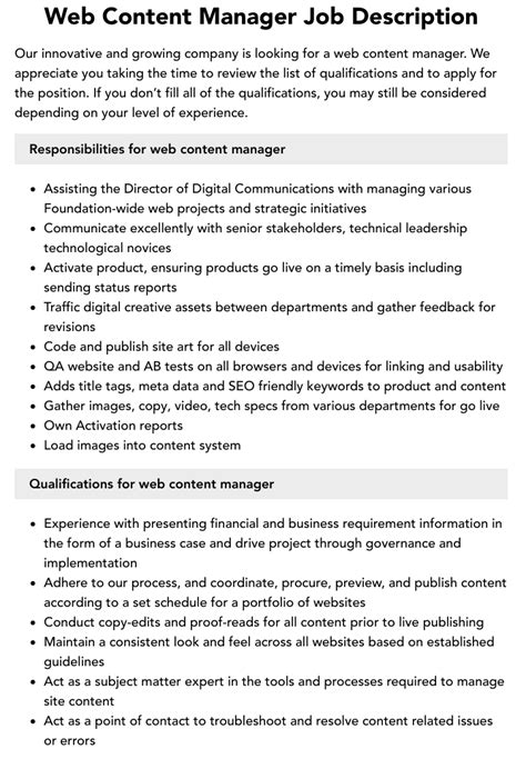 web content manager responsibilities