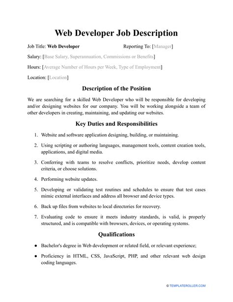web developer job description sample