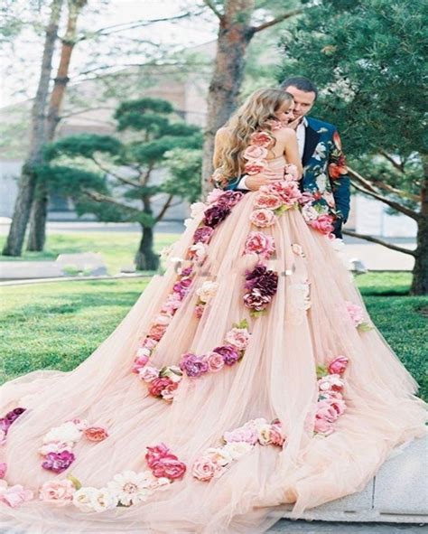 Wedding Dress With Pink Flowers Ball Gown With Train