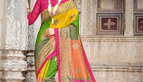 Buy Multi color Banarasi pure silk wedding wear saree in