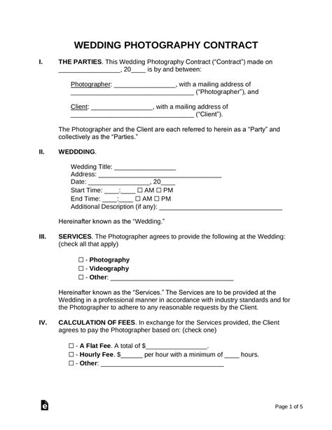 WEDDING PHOTOGRAPHY CONTRACT in Word and Pdf formats