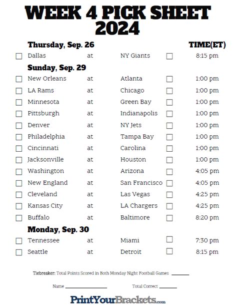 Week 4 Nfl Picks Printable: Get Ready For The Upcoming Games!