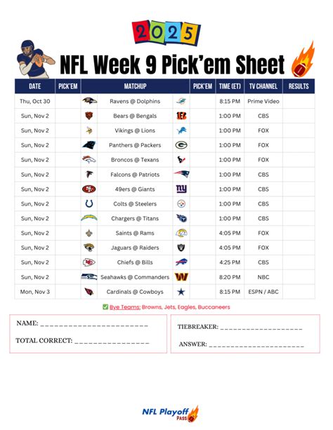 Week 9 Nfl Pick Em Sheet Printable