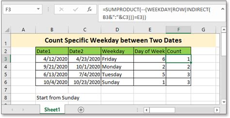 weekday formula in excel between two dates