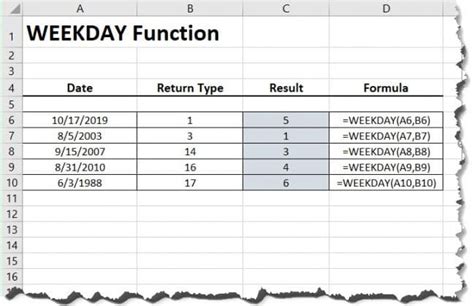 weekday function excel example