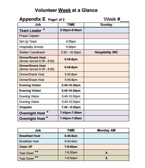 Weekly Volunteer Schedule Template