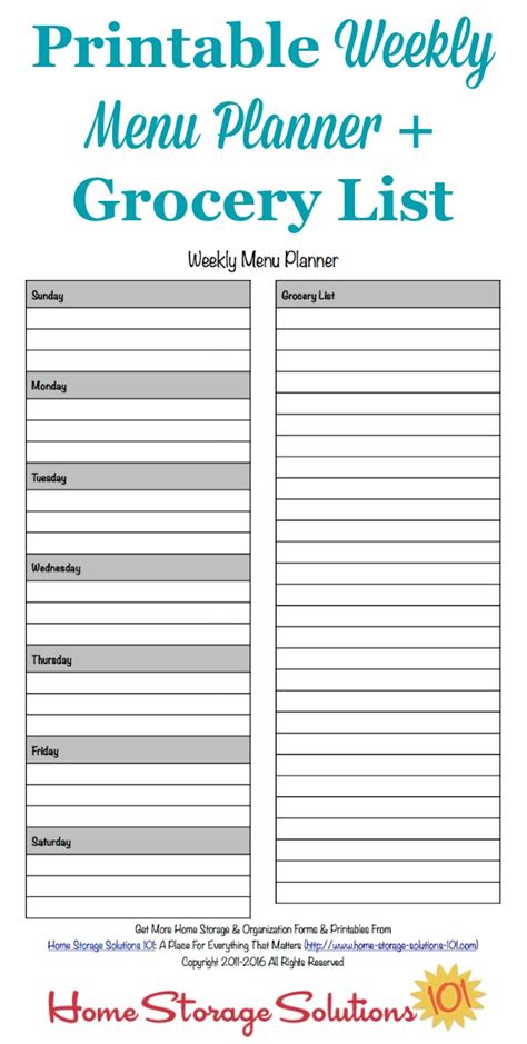 weekly menu planner template and grocery list