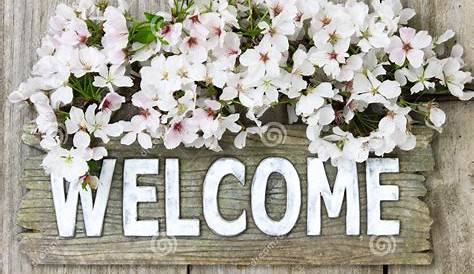 Welcome Images With Flowers Metal White Sign On Flower Background Stock Photo