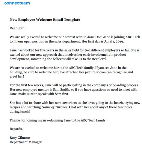 Welcome Email Template for New Employee