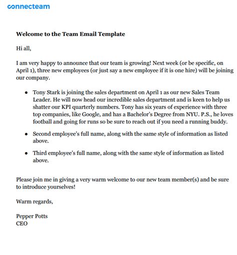 Welcome to the Team Email Template