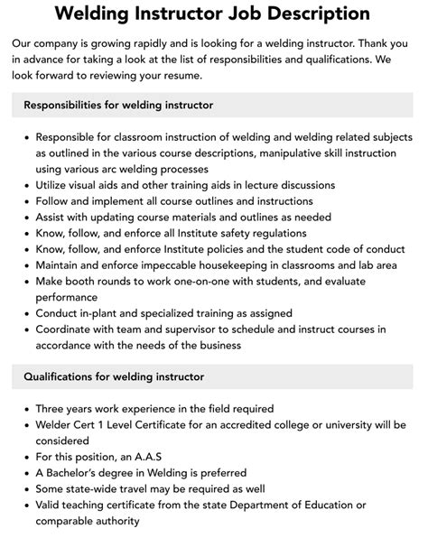 Welding Instructor Job Description