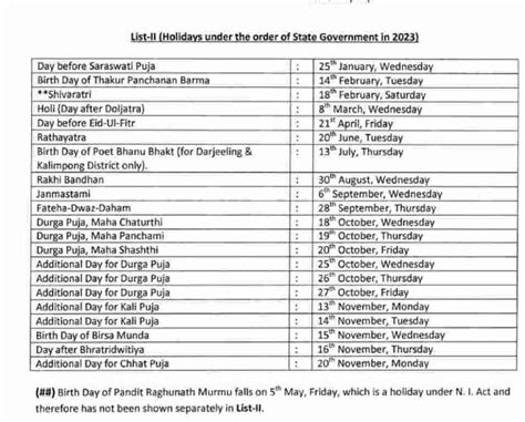 west bengal government holiday list 2023