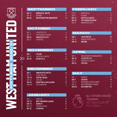 west ham fixtures 2021