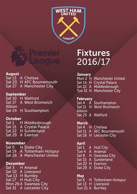 west ham fixtures premier league