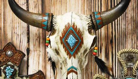 Rustic Western resin cow skull w turquoise jewels aztec 21 × 13 home