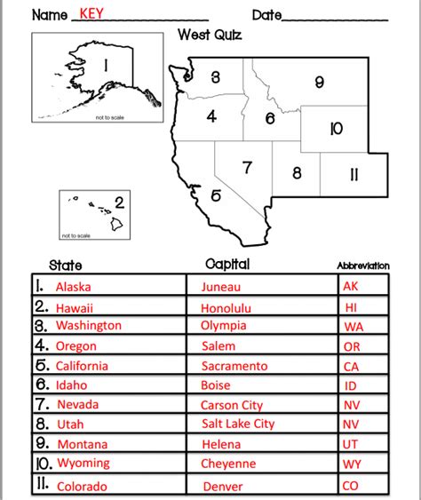 Western US States Map/Quiz Printout States and capitals, Kids