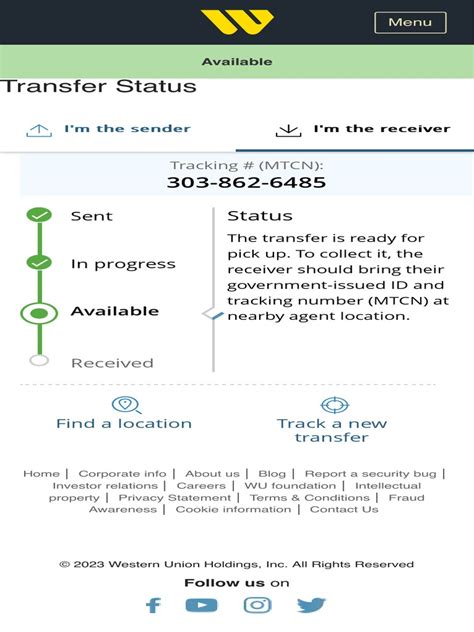western union transfer status in progress