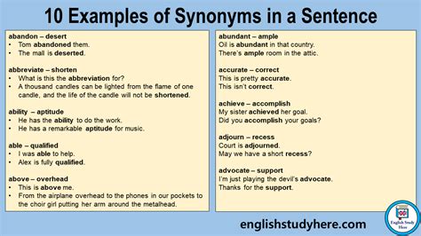 what are 2 example of synonyms in a sentence