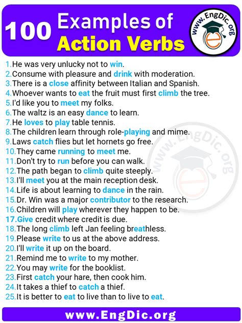 what are action verbs examples in sentences