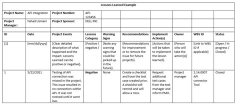 what are some examples of lessons learned in a project