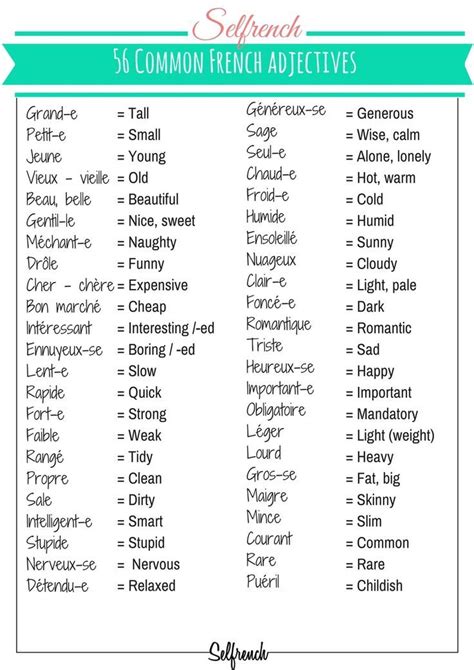 what are the 50 adjectives in french with meaning