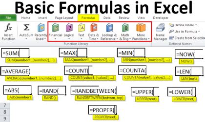 what are the basic formulas and functions in excel