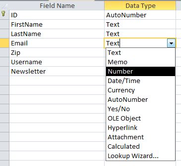 what are the different data types offered by ms access