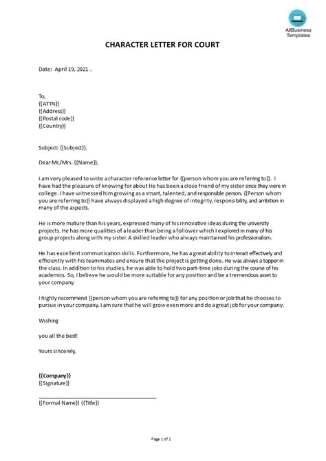 what do you write in a character letter for court