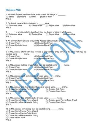 what is a form in ms access mcq