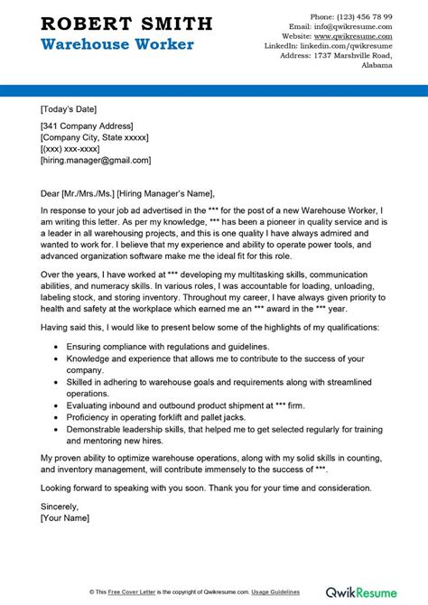 what is a good cover letter for a warehouse job