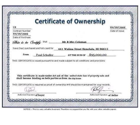 what is an ownership certificate for property