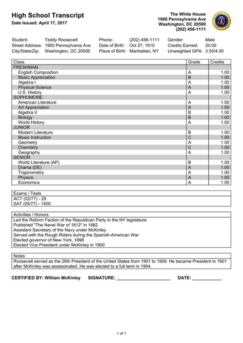 what is official transcript example