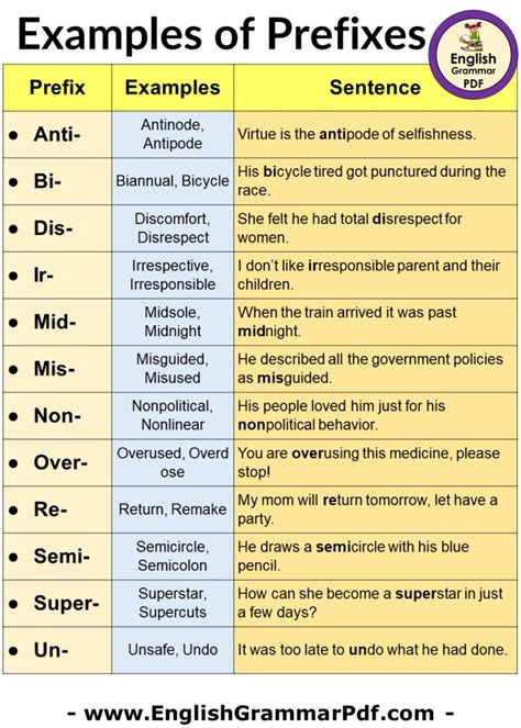 what is prefix and suffix examples sentences