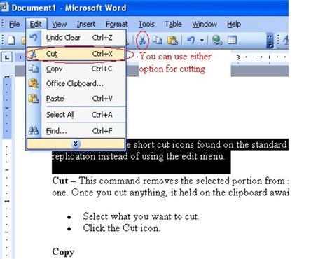 what is the command for cut in word