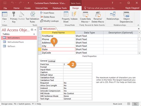 what is the default size of text data field in ms access