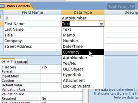what is the default size of text data type in ms access