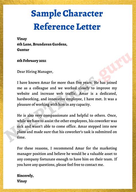 what is the format for a character reference letter