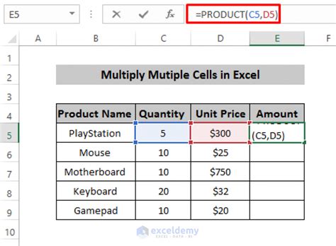 what is the formula for multiplication in excel for multiple cells