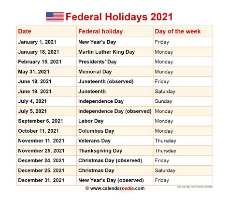 what is the holiday calendar for 2021