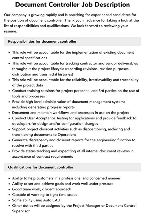 what is the main duties and responsibilities of a document controller