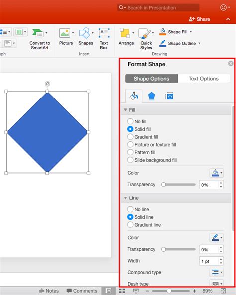 what is the purpose of the format shape pane in powerpoint mcq