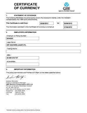 what is workers compensation certificate of currency