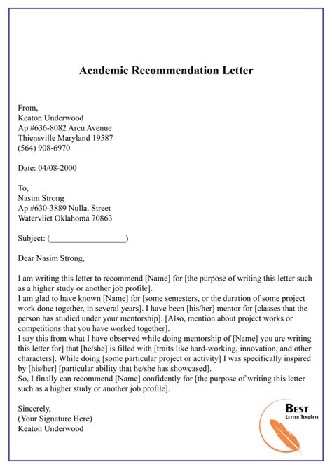 what should be included in an academic reference letter