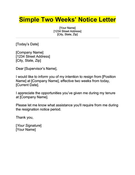what to write in a 2 week notice template
