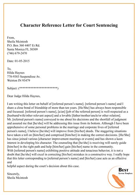 what to write in a character reference letter for court